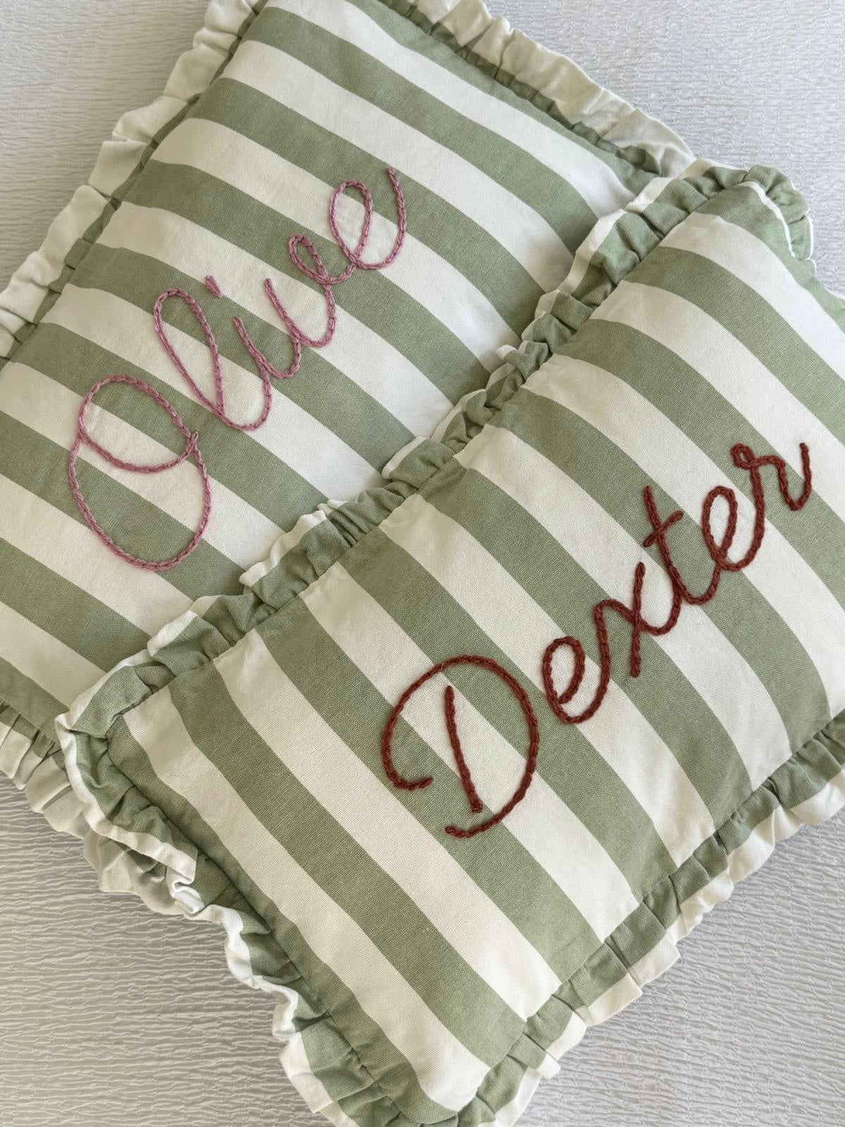 Green ruffle stripe cushions